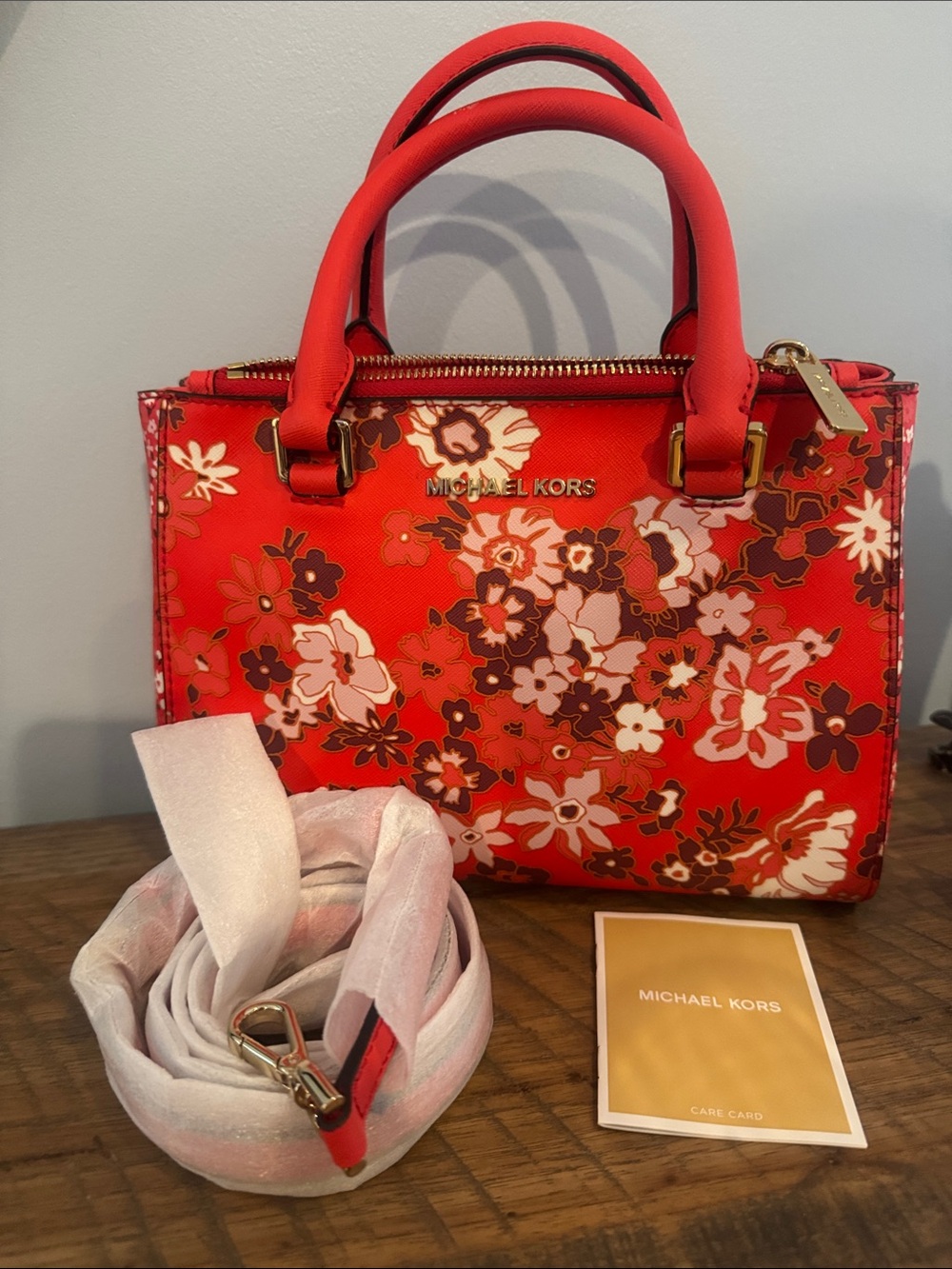 Michael Kors Coral Red Floral Saffiano Leather Satchel NWOT